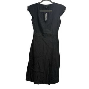J. Crew Cap Sleeve V Neck Linen Wrap Button Closure Midi Dress 8 Petite Black